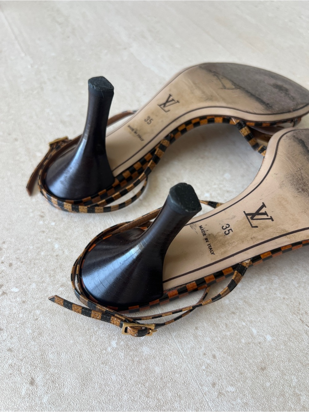 Vintage Louis Vuitton Damier Brown Checkered Strappy Sandals with Gold Accents - Picture 7 of 9